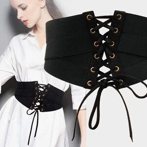 Elastic Women’s Wide Band Retro High Waist Black Corset Zip and Lace Up Belt